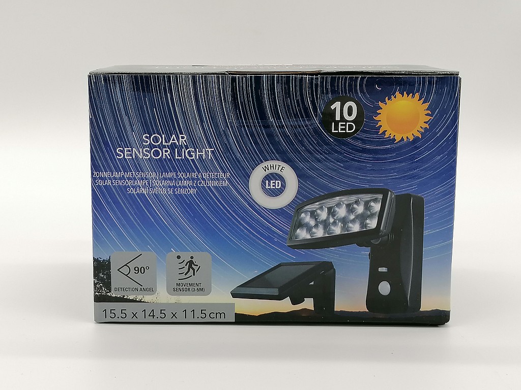 LAMPA SOLAR Z CZUJNIKIEM LED ; AKCESORIA DO ZAMONTOWANIA NA ŚCIANĘ W ZESTAWIE; wym.op. 12x17cm; dł. Przew. 2,5m; BOX ; 40 ; EAN: 