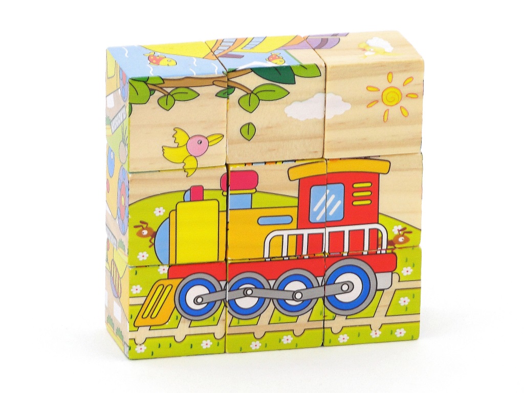 UKŁADANKA ; DREWNIANE KLOCKI Z OBRAZKAMI 9szt. KWADRATY 3,5cm; 15x13x4cm, B/C ; 120 ; EAN: 