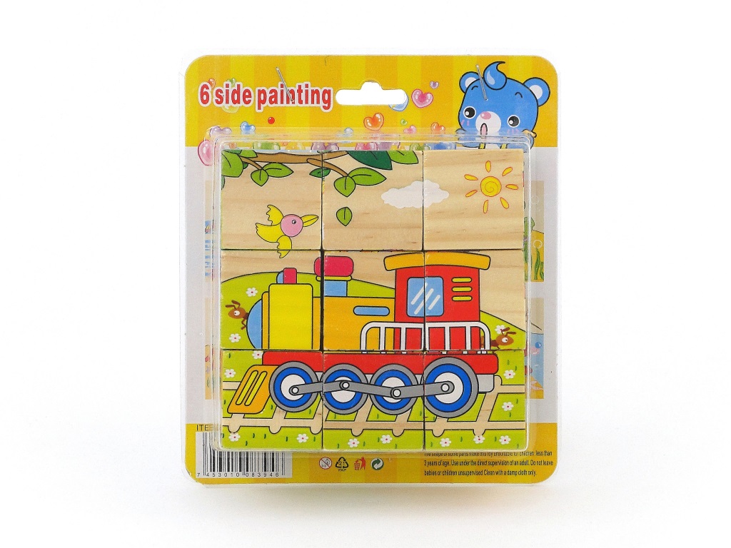 UKŁADANKA ; DREWNIANE KLOCKI Z OBRAZKAMI 9szt. KWADRATY 3,5cm; 15x13x4cm, B/C ; 120 ; EAN: 